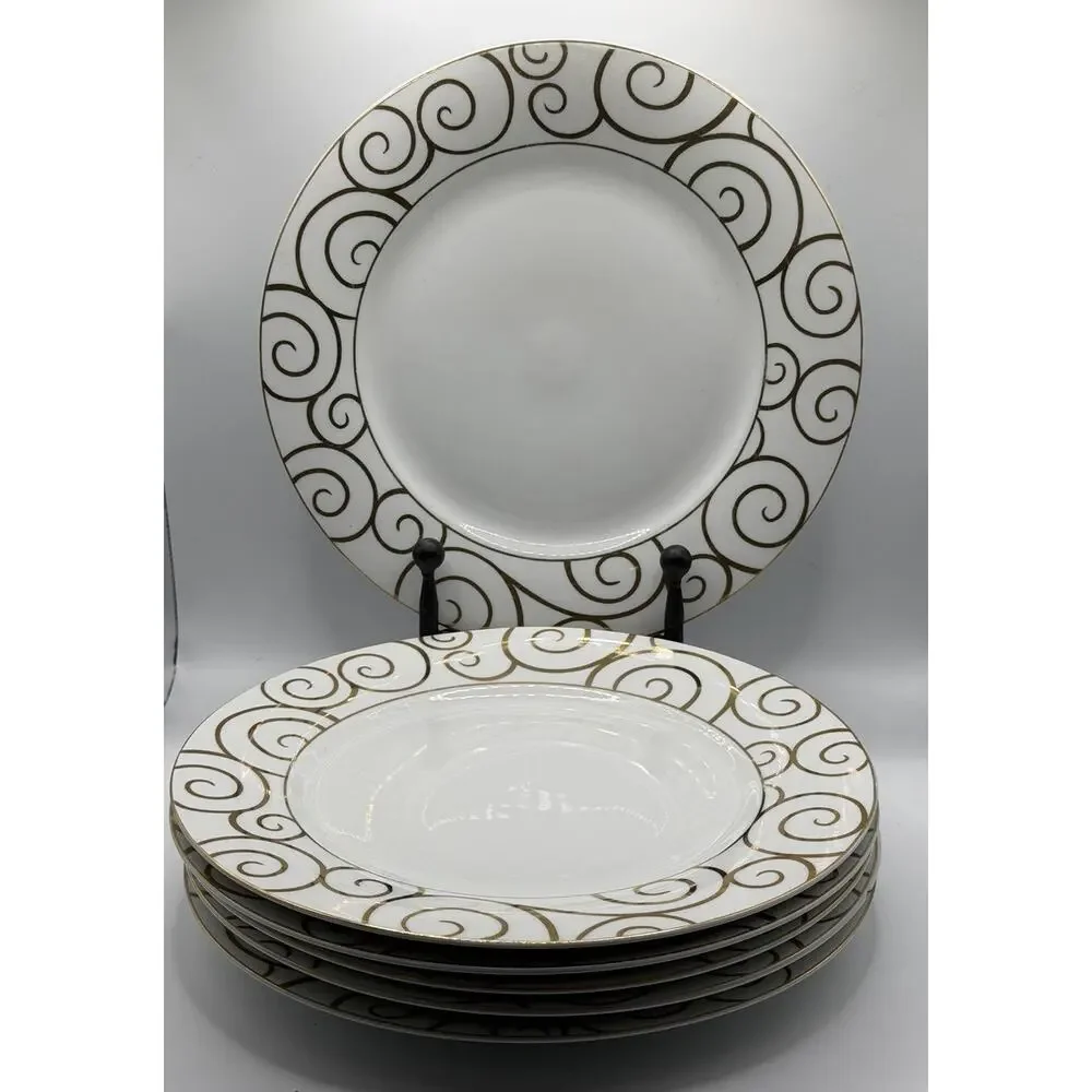 Pier 1 Gold Swirl Dinner Plates Set of 5 Retired White Porcelain